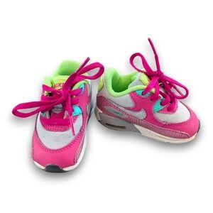 Nike Air Max 90 Shoes Sneakers Pink Wolf Gray Lime Green Toddler Girls 4